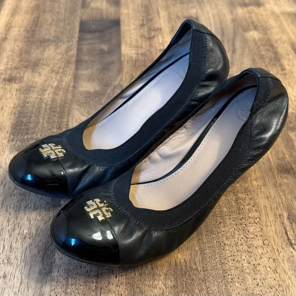 Tory Burch Jolie Ballet Wedge Leather Heel Gold Logo Round toe Black Women's 8.5